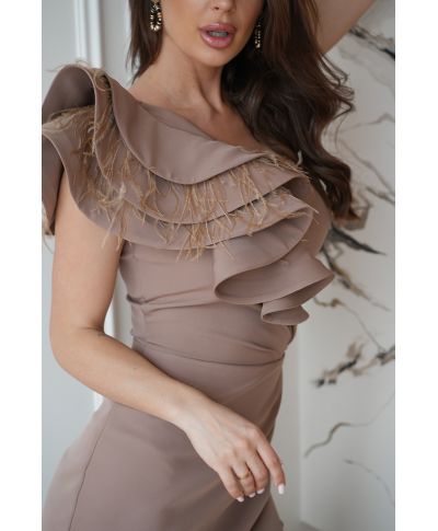 Abito elegante, lungo – Mono spalla - Colore cammello - Fiora