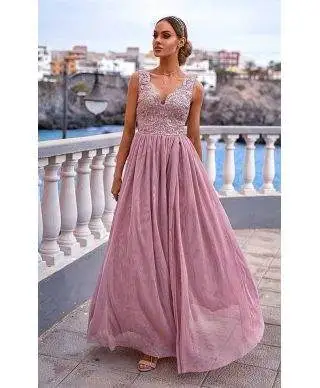 Vestito lungo elegante, rosa - Con spacco - Jojo