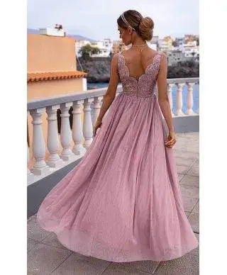 Vestito lungo elegante, rosa - Con spacco - Jojo