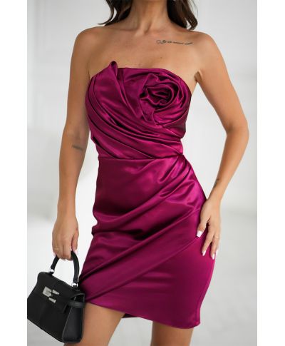 Vestito donna da cerimonia in satin lucido - Senza spalline con dettaglio Rosa