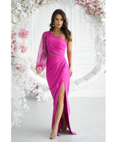 Vestito lungo elegante monospalla, fuxia - Mimi