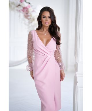 Abito da cerimonia con maniche trasparenti e paillettes - Rosa sporco