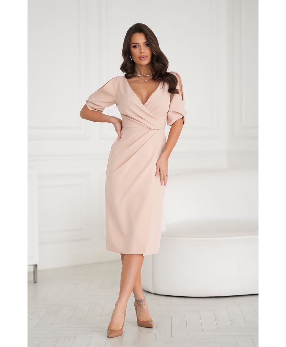Abito midi elegante - Scollo a V - Maniche con spacco - Beige