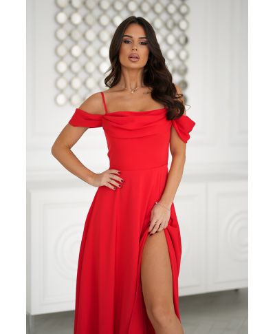 Abito elegante, lungo - Spacco sulla gamba - Spalline cadenti - Rosso