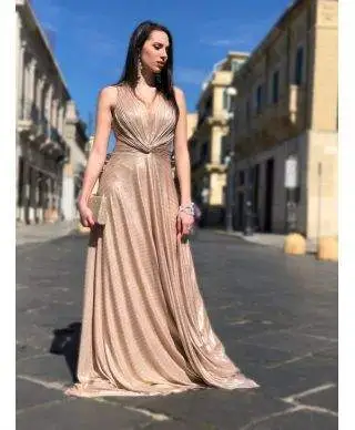 Vestito da cerimonia lungo, oro - Schiena scoperta