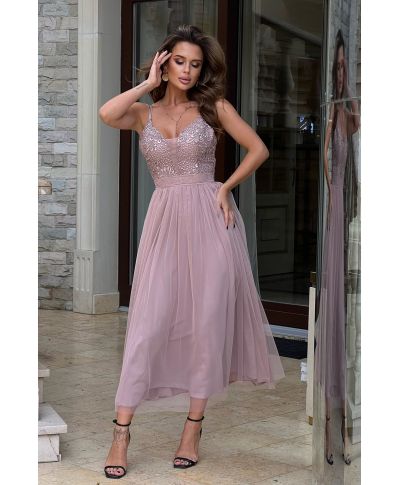 Abito da sera - Rosa sporco - Lunghezza 7/8 - Corsetto ricamato - Spalline sottili