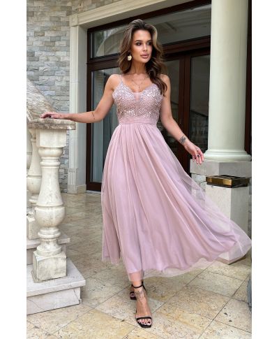 Abito da sera - Rosa sporco - Lunghezza 7/8 - Corsetto ricamato - Spalline sottili