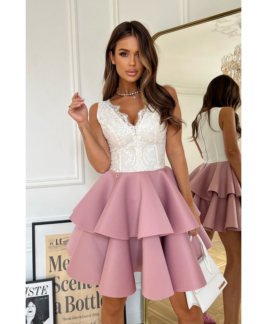 Abito corto elegante – Ecrù - rosa antica - Gonna a palloncino