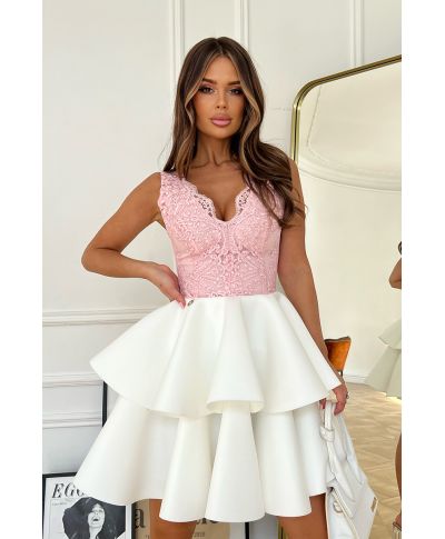 Abito corto elegante - Ecrù- rosa - Gonna a palloncino