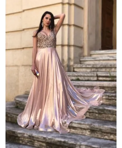 Abito lungo elegante, rosa - Corpetto decorato