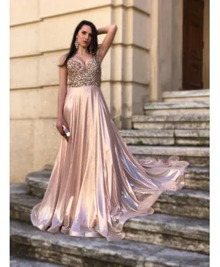Abito lungo elegante, rosa - Corpetto decorato