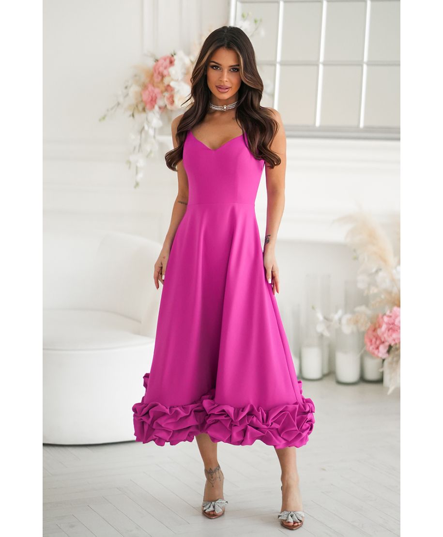 Abito midi elegante fucsia intenso con balza floreale 3D – Tessa