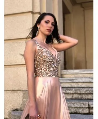 Abito lungo elegante, rosa - Corpetto decorato
