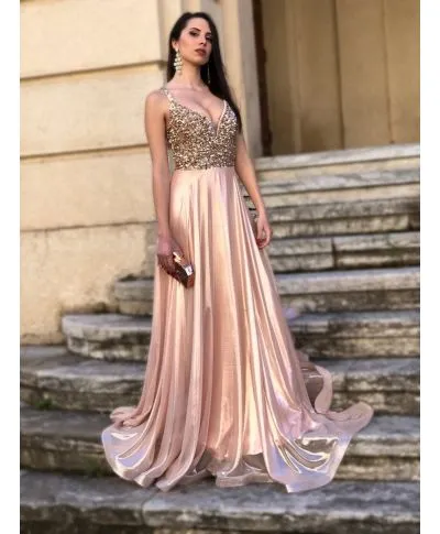 Abito lungo elegante, rosa - Corpetto decorato