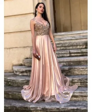 Abito lungo elegante, rosa - Corpetto decorato