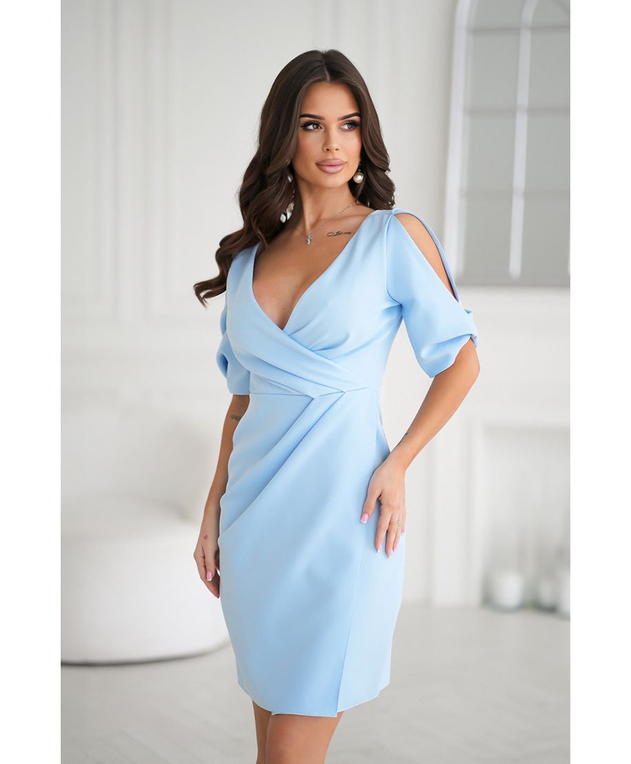 Abito elegante, colore Azzurro - Maniche a tre quarti - Spacco sul davanti - Dettagli sartoriali