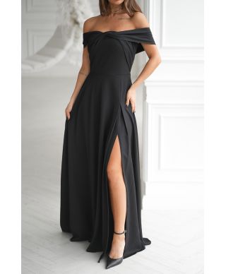Abito lungo elegante -Tessuto nero luminoso - Spacco - Manichette cadenti sulle braccia
