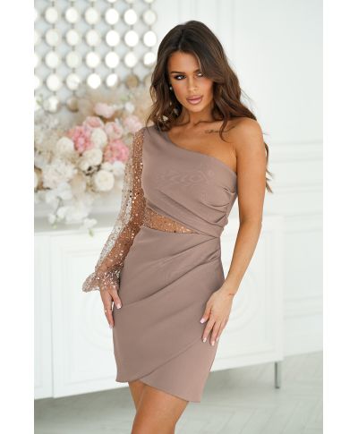 Vestito corto colore cammello - Tubino mono spalla