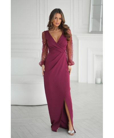 Vestito da Cerimonia Bordeaux con Maniche Cekinate – Scarlet