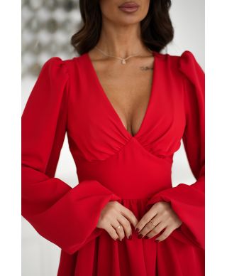 Abito donna elegante, rosso - Scollo a V - Maniche lunghe a palloncino