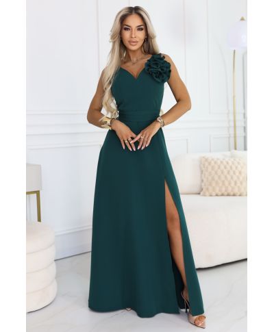 Vestito da cerimonia donna verde bottiglia maxi con spacco e dettaglio floreale - Aveline - gogolfun.it