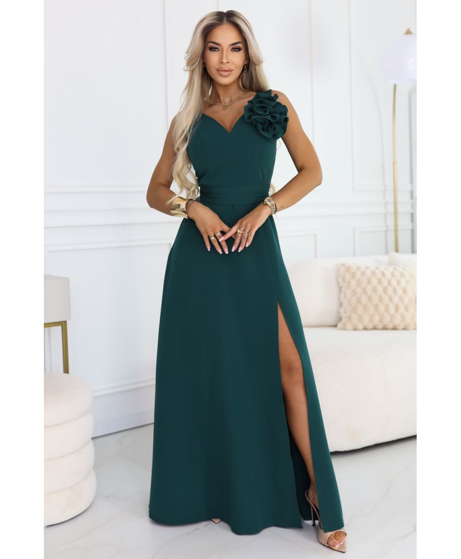 Vestito da cerimonia donna verde bottiglia maxi con spacco e dettaglio floreale - Aveline - gogolfun.it