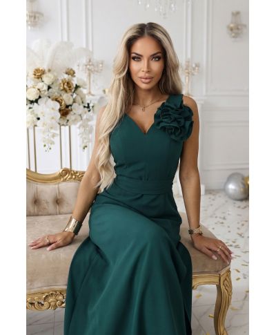 Vestito da cerimonia donna verde bottiglia maxi con spacco e dettaglio floreale - Aveline - gogolfun.it