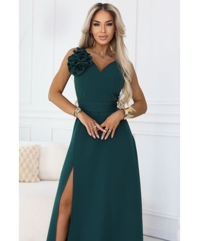 Vestito da cerimonia donna verde bottiglia maxi con spacco e dettaglio floreale - Aveline - gogolfun.it