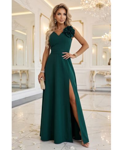 Vestito da cerimonia donna verde bottiglia maxi con spacco e dettaglio floreale - Aveline - gogolfun.it