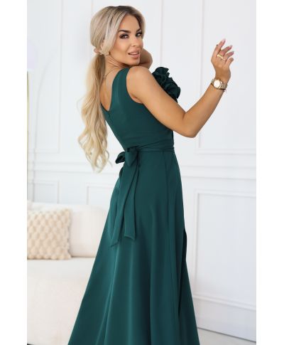 Vestito da cerimonia donna verde bottiglia maxi con spacco e dettaglio floreale - Aveline - gogolfun.it