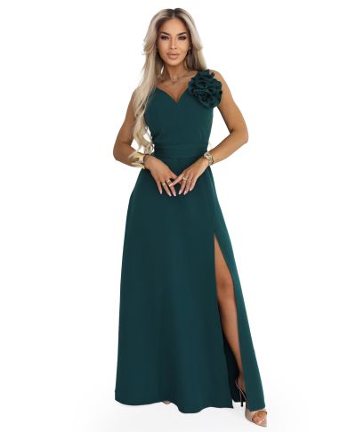 Vestito da cerimonia donna verde bottiglia maxi con spacco e dettaglio floreale - Aveline - gogolfun.it