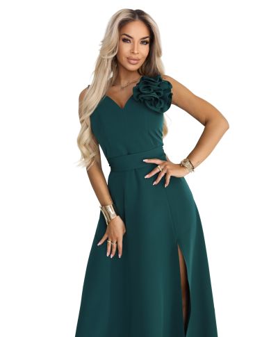 Vestito da cerimonia donna verde bottiglia maxi con spacco e dettaglio floreale - Aveline - gogolfun.it