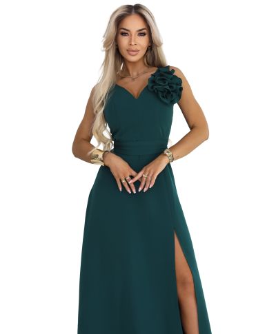 Vestito da cerimonia donna verde bottiglia maxi con spacco e dettaglio floreale - Aveline - gogolfun.it
