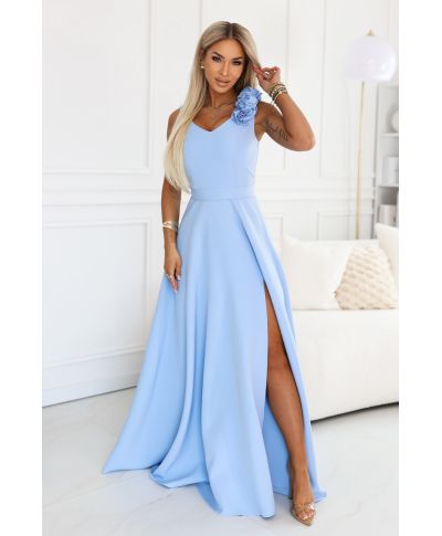 Abito lungo elegante azzurro polvere con fiore decorativo e scollo a V – Nayla - gogolfun.it