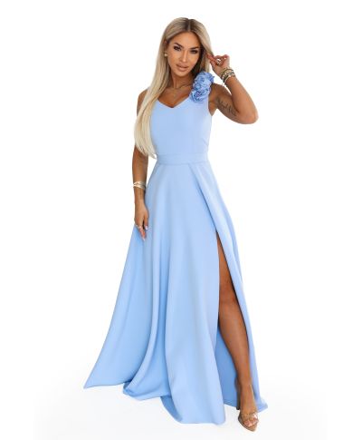 Abito lungo elegante azzurro polvere con fiore decorativo e scollo a V – Nayla - gogolfun.it