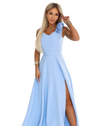 Abito lungo elegante azzurro polvere con fiore decorativo e scollo a V – Nayla - gogolfun.it