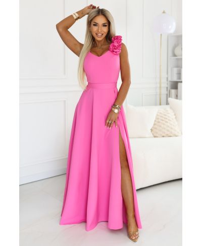 Abito lungo elegante fucsia con fiore decorativo e scollo a V – Nayla - gogolfun.it