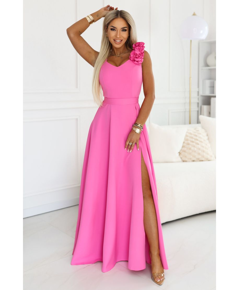 Abito lungo elegante fucsia con fiore decorativo e scollo a V – Nayla - gogolfun.it