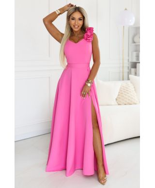 Abito lungo elegante fucsia con fiore decorativo e scollo a V – Nayla - gogolfun.it