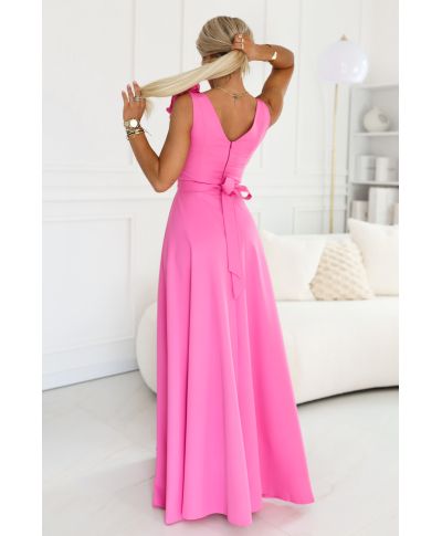 Abito lungo elegante fucsia con fiore decorativo e scollo a V – Nayla - gogolfun.it