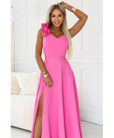 Abito lungo elegante fucsia con fiore decorativo e scollo a V – Nayla - gogolfun.it