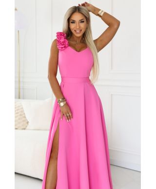  643-6 Elegancka wieczorowa suknia maxi z rozcięciem i różami - cukierkowy róż 