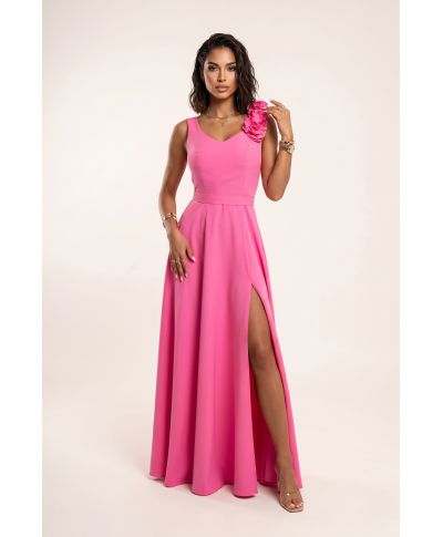 Abito lungo elegante fucsia con fiore decorativo e scollo a V – Nayla - gogolfun.it