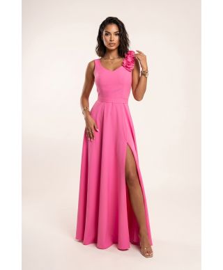  643-6 Elegancka wieczorowa suknia maxi z rozcięciem i różami - cukierkowy róż 