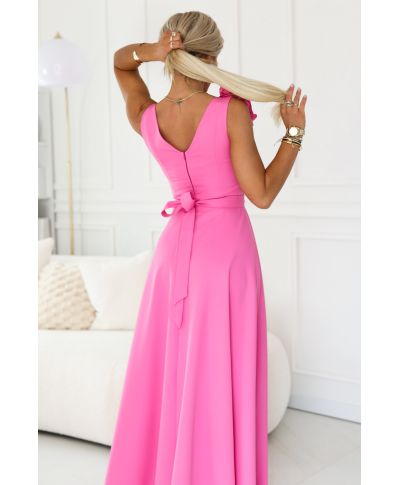 Abito lungo elegante fucsia con fiore decorativo e scollo a V – Nayla - gogolfun.it
