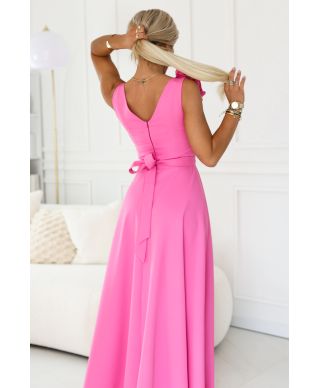  643-6 Elegancka wieczorowa suknia maxi z rozcięciem i różami - cukierkowy róż 