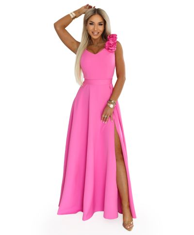 Abito lungo elegante fucsia con fiore decorativo e scollo a V – Nayla - gogolfun.it