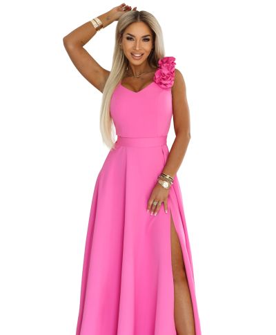 Abito lungo elegante fucsia con fiore decorativo e scollo a V – Nayla - gogolfun.it