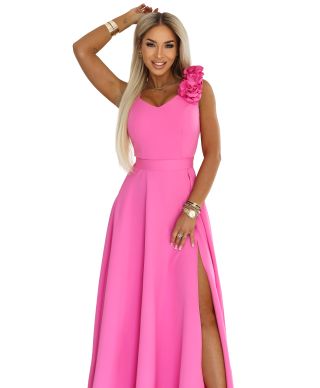  643-6 Elegancka wieczorowa suknia maxi z rozcięciem i różami - cukierkowy róż 