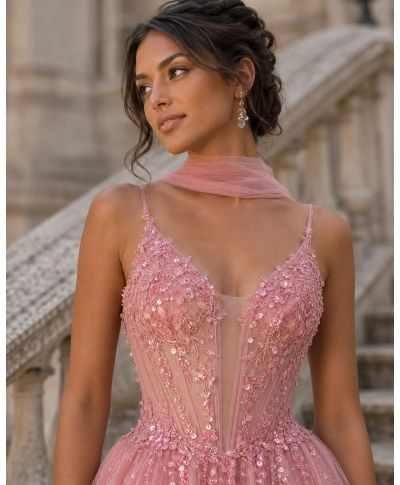 Abito da cerimonia in tulle con corpetto lavorato - Deosia